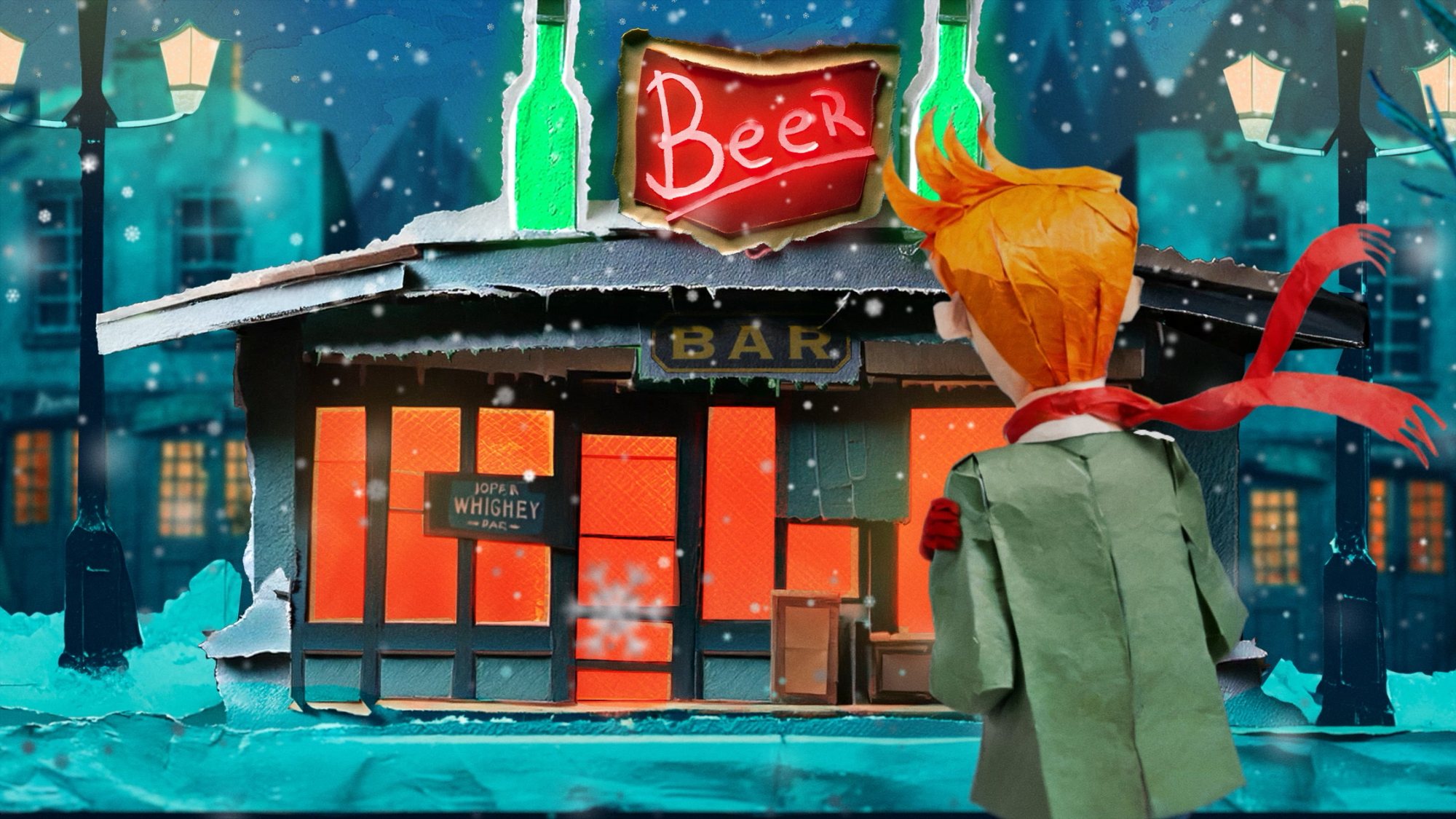 The man in a green coat and red scarf outside a bar lit with neon