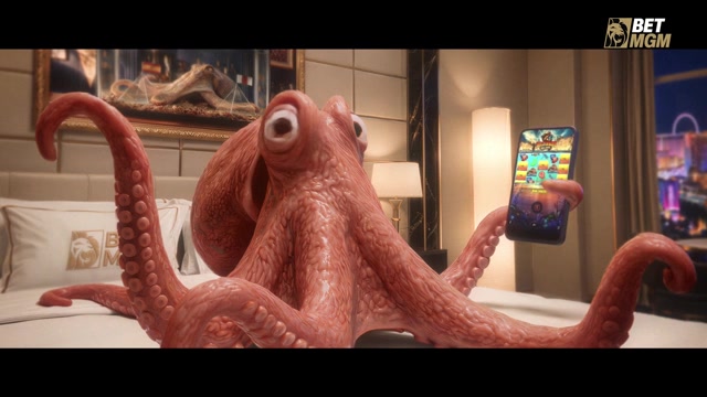 An octopus sprawled on a Vegas hotel bed with a phone in one tentacle, from BetMGM Polvo by LOBO