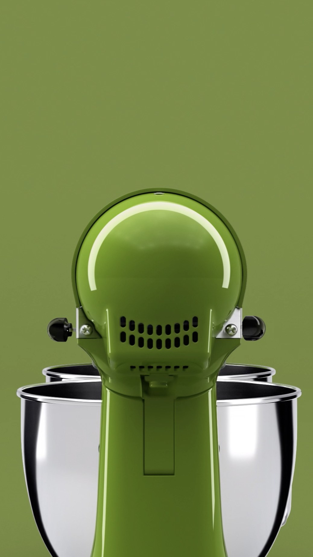 A matcha green KitchenAid stand mixer turning on a green field, vertical CGI by LOBO