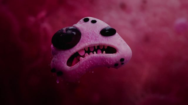 A pink felt creature adrift in a deep red sea, from Mollie’s Fund by LOBO