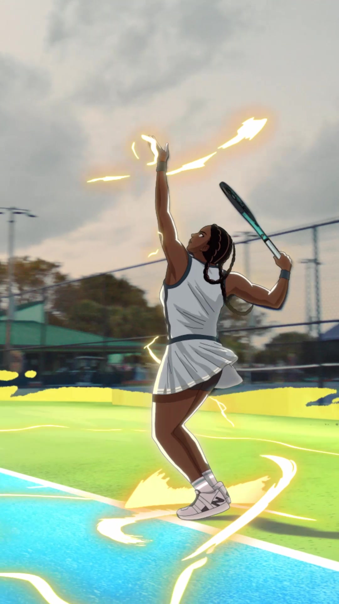 Coco Gauff mid-serve, the vertical cut